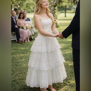 Vintage Alfred Angelo Lace Tiered Tea-Length Wedding Dress Made in USA Princess